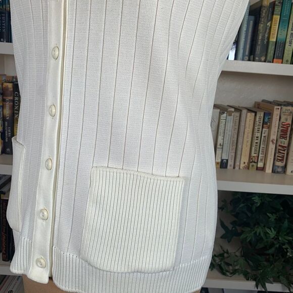 Vintage 70s Cardigan Sweater Vest Oatmeal Sleeveless Knit Vneck Button Front - Picture 6 of 9